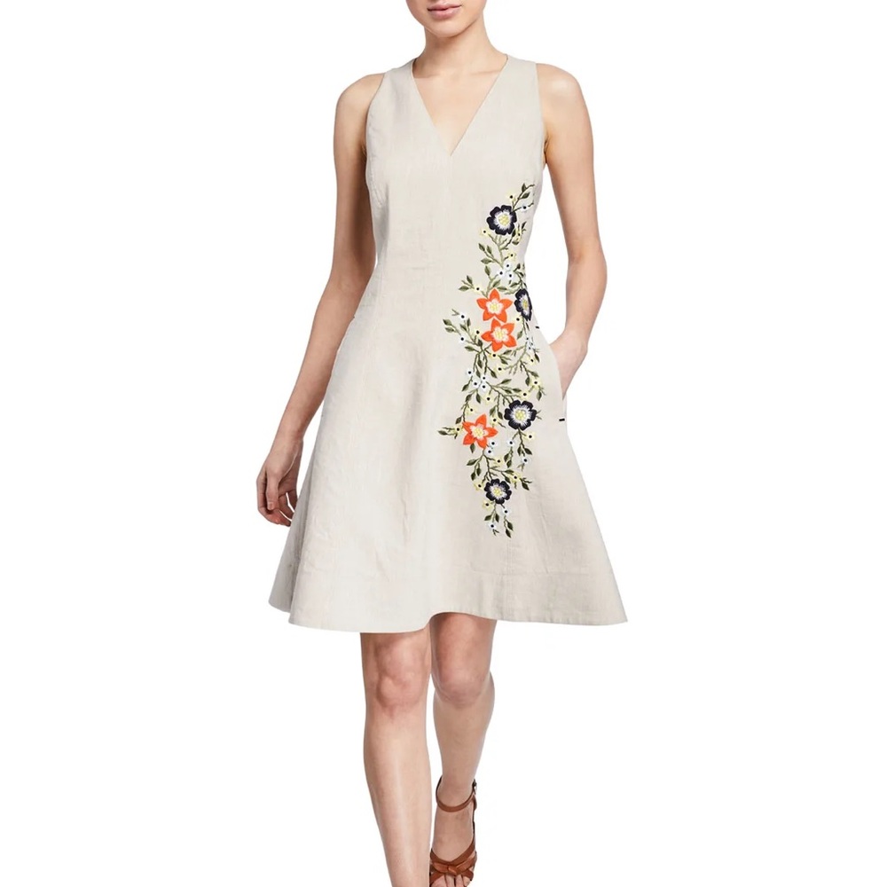 Elie Tahari Size 8 Londa V-Neck Sleeveless Fit-and-Flare Linen Dress